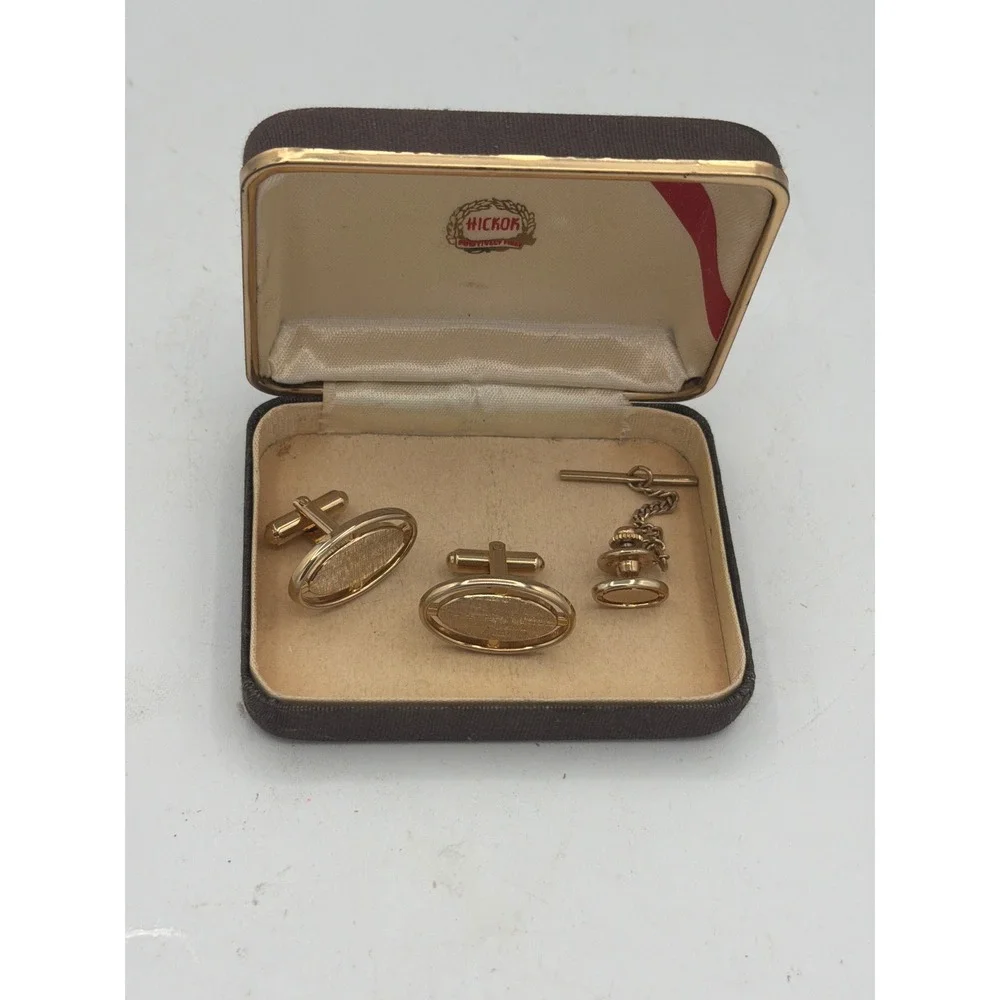 Vintage Hickok Cufflinks & Tie Tack Set Mid-Century MCM Gold Tone Textured Boxed
